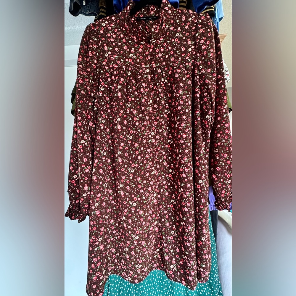 English Factory Floral LS Blouse Dress with Pink and Green Accents IW-86